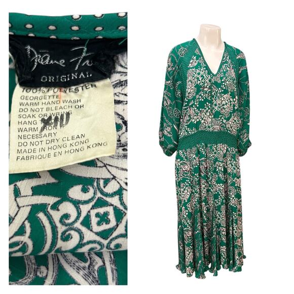 Vintage 1980s Diane Freis Green Midi Dress Nautical Baroque Print / L/XL - - Picture 1 of 4